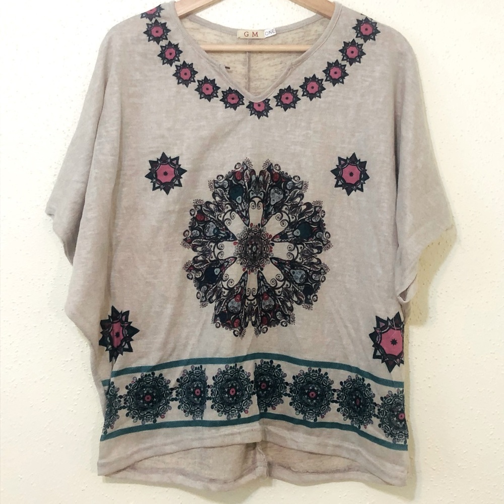 G M Tan Oversized Printed Blouse